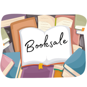 text reads: Booksale. Image of books piled around, one open