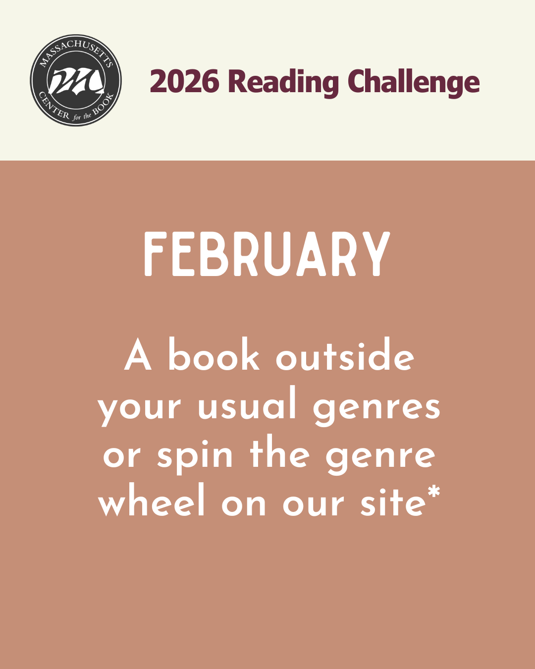 A book outside your usual genres, or spin the genre wheel on the mass center for the book website